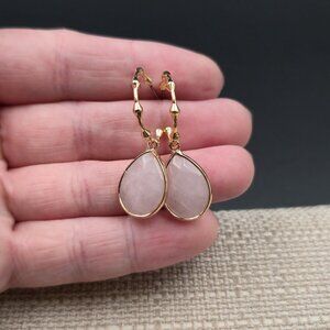 Gold Plated Faceted Pink Rose Quartz Stone Dangle Earrings A6650